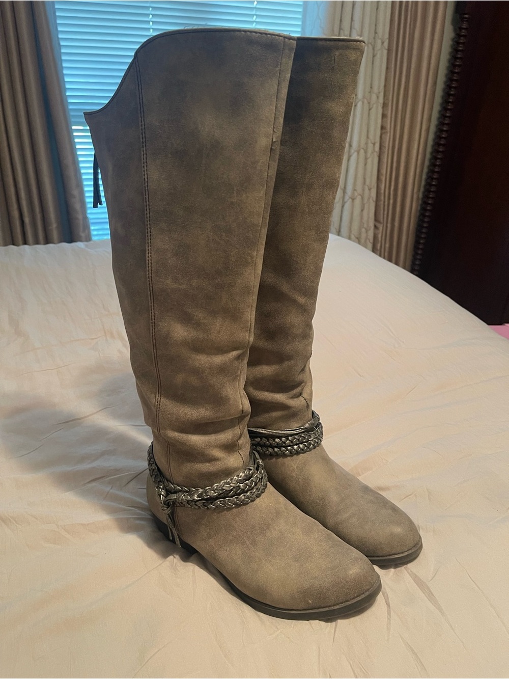 pop Taupe Braided Strap Knee-High Riding Boots